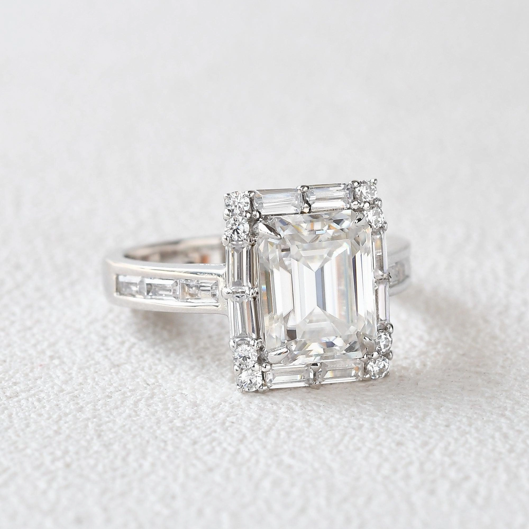 Emerald Cut Moissanite Vintage Engagement Ring Polished Jewelry Ethereal Detail