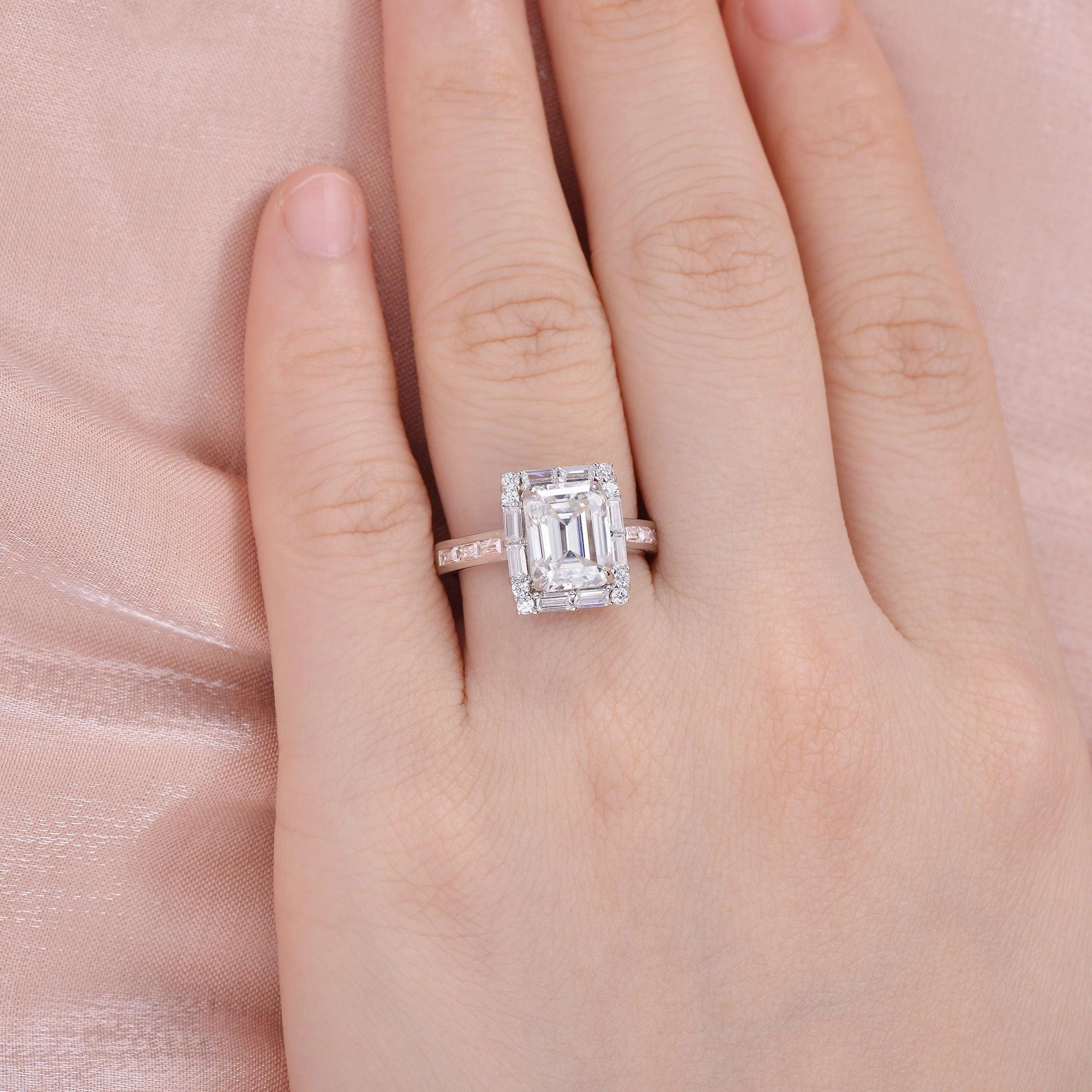 Gleaming Gem Emerald Cut Moissanite Vintage Engagement Ring