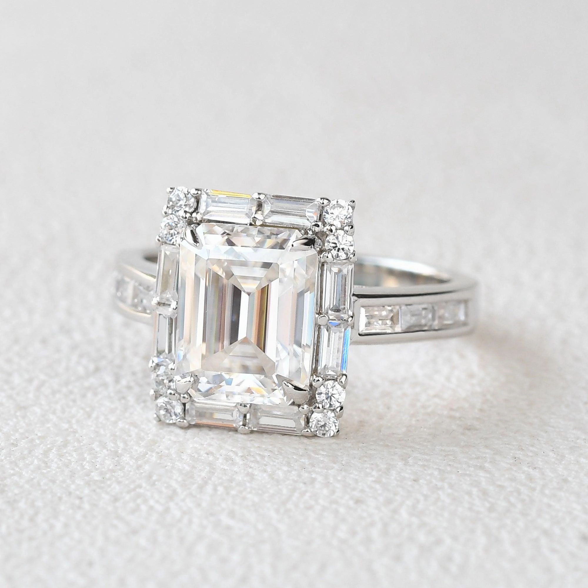 Emerald Cut Moissanite Vintage Engagement Ring Sleek Texture