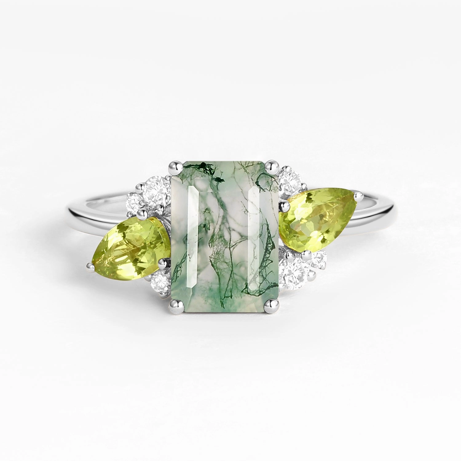 Timeless Craft Design Emerald Cut Moss Agate Double Pear Peridot Engagement Ring