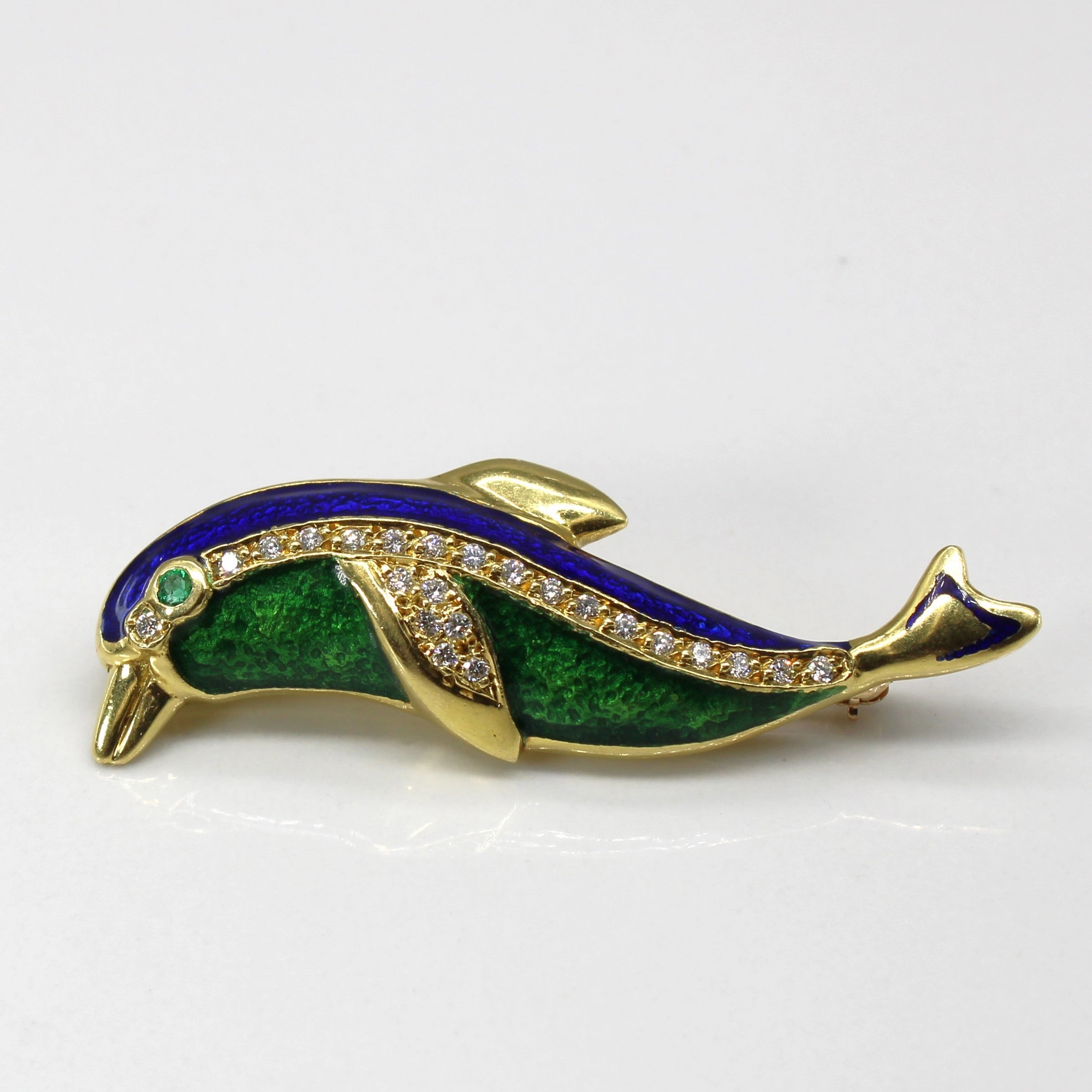 Enameled Fish Diamond & Emerald Brooch | 0.23ctw | 0.03ct | Timeless Line Holiday Style