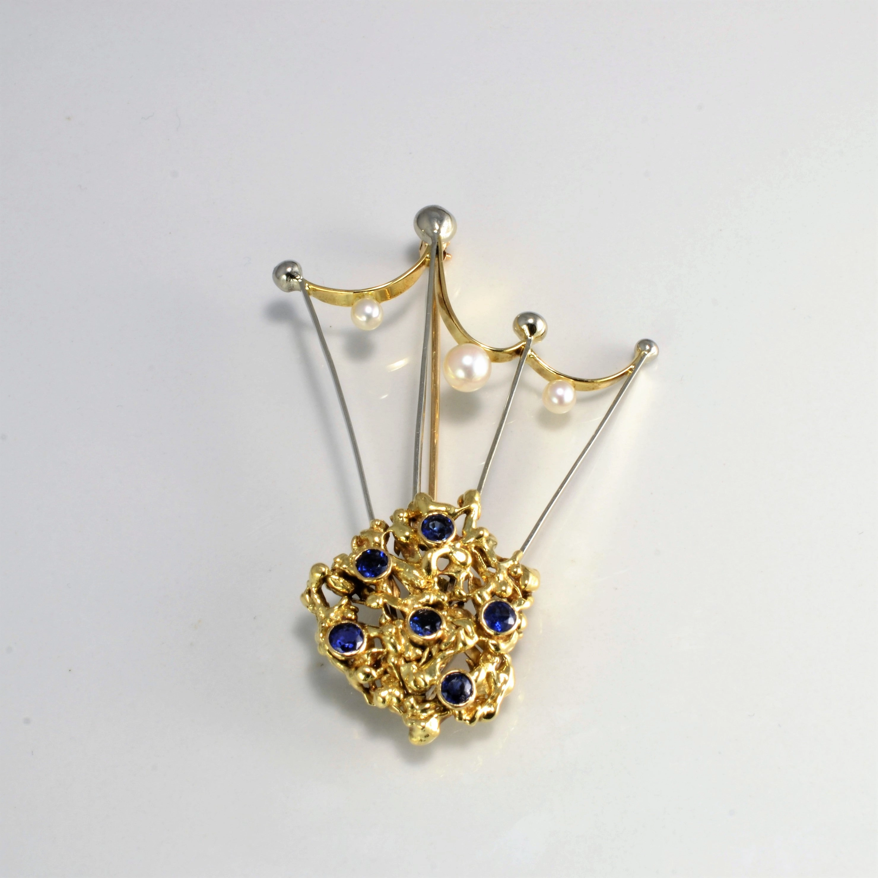 Bold Contour Textured Two Tone Gold Sapphire & Pearl Brooch