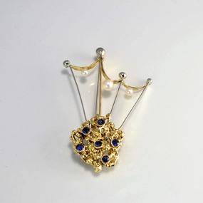 Bold Contour Textured Two Tone Gold Sapphire & Pearl Brooch
