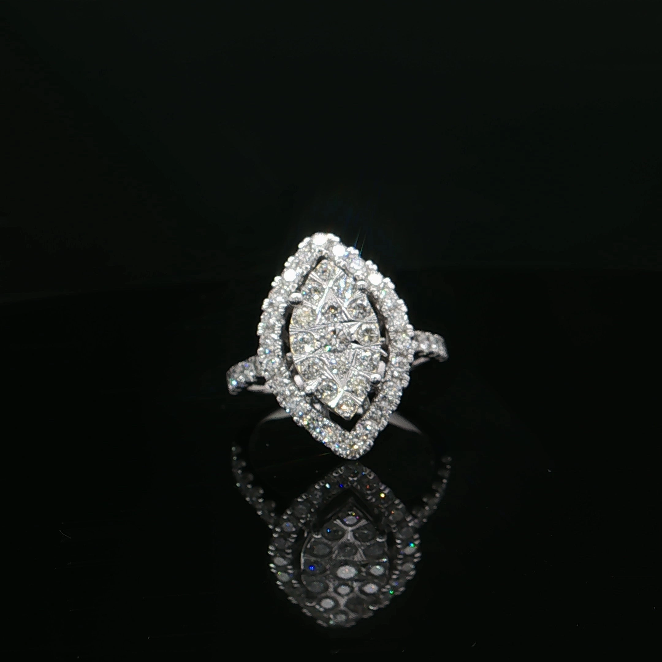 Estate 14K White Gold Round Diamond Cluster Marquise Shaped Halo Fashion Ring Mood Piece Seasonal Accent