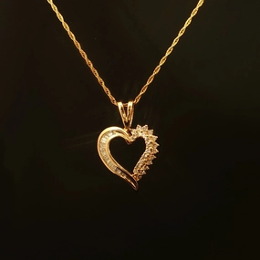 Estate 14K Yellow Gold Open Heart Round & Baguette Diamond Necklace Trendy Appeal Timeless Contour