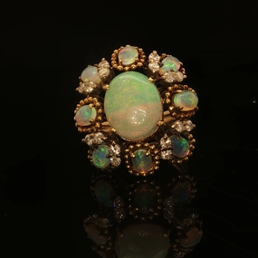 Layer Ready Estate 18K Yellow Gold Oval Opal Cluster with Diamond Accents Fashion Ring