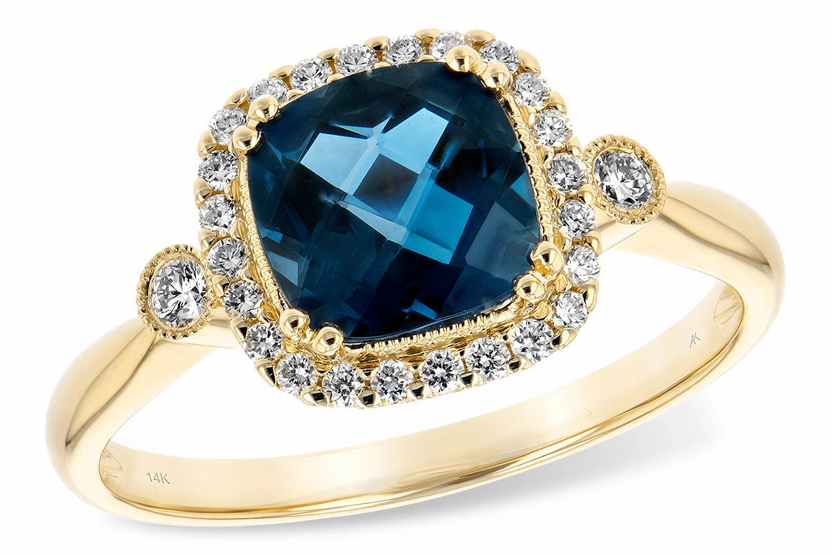 Modern Fit Fashionable Style 14K Yellow Gold Cushion Cut London Blue Topaz and Diamond Halo Ring