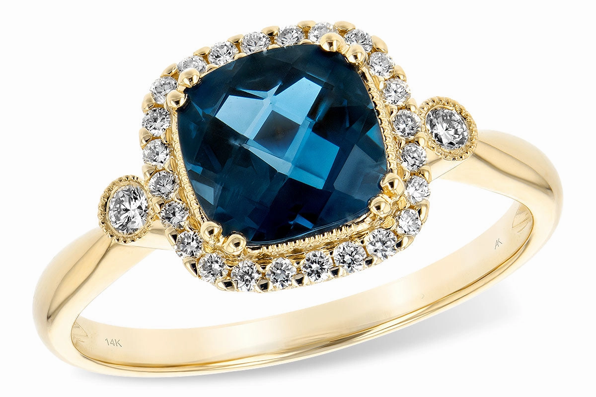 14K Yellow Gold Cushion Cut London Blue Topaz and Diamond Halo Ring Handcrafted Pieces
