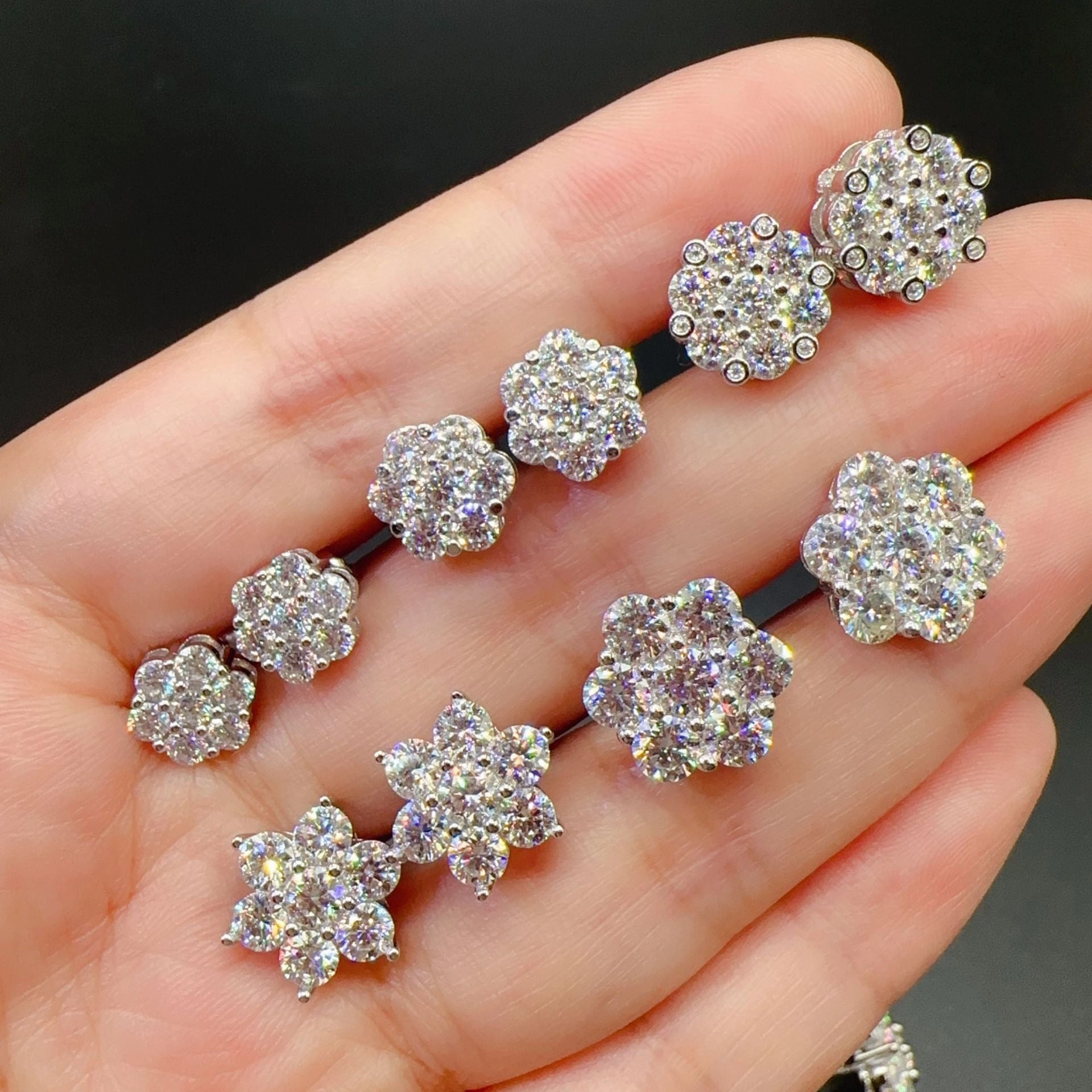 Elite Detail Fashion Focus Cluster Moissanite Diamond Stud Earrings in Sterling Silver