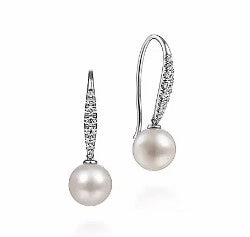 14K White Gold Diamond and Pearl Fish Wire Drop Earrings Evergreen style Bold Moment