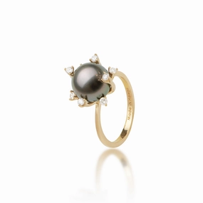 Protea Tahitian Black Pearl Ring in Gold with Diamonds - 10-11mm Luxury Gifts
