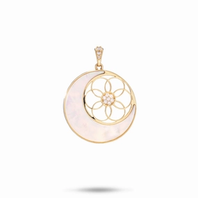 Moon & Protea Star Mother of Pearl Pendant in Gold with Diamonds - 25mm Fresh Edge