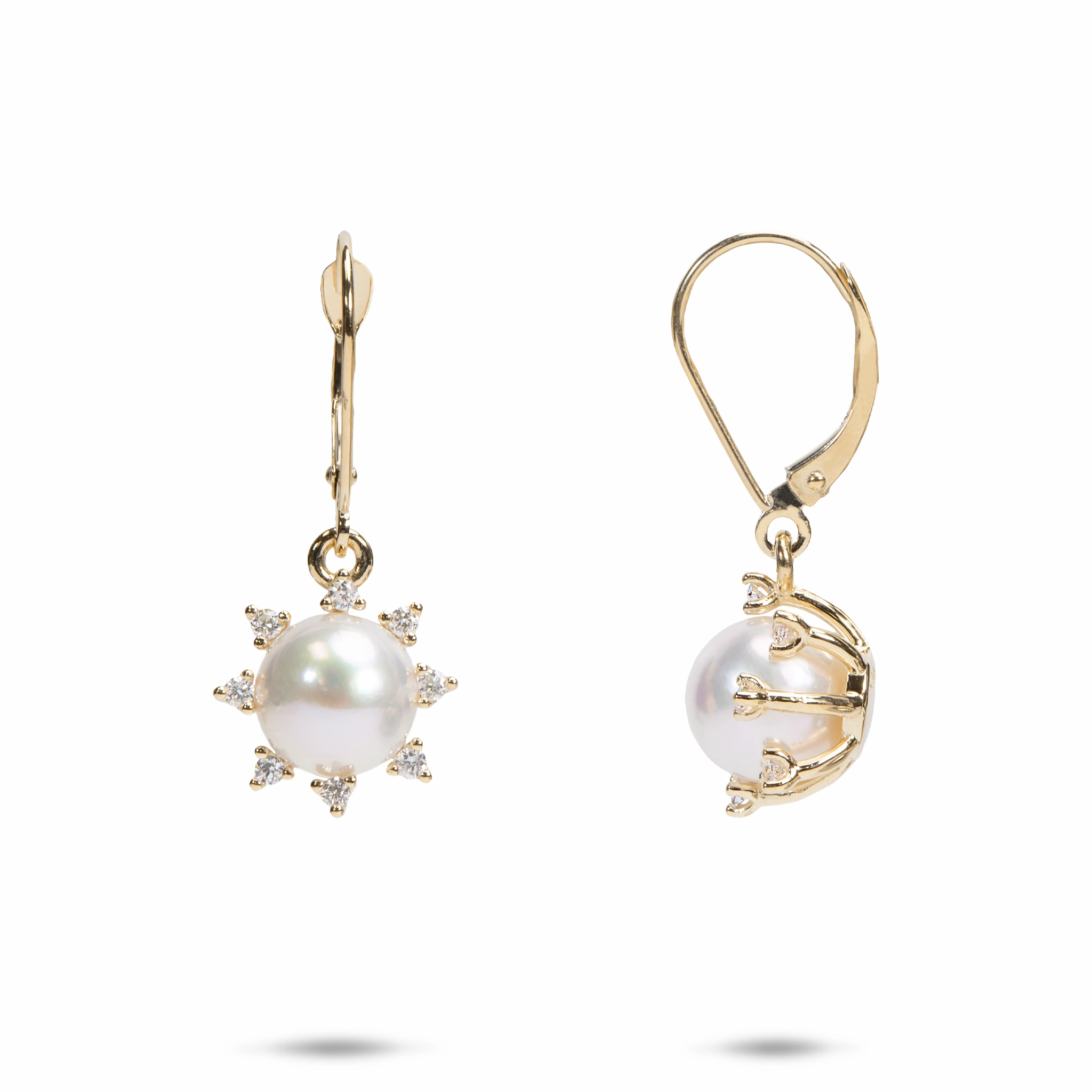 Protea Akoya White Pearl Earrings in Gold with Diamonds - 8mm Refined Vibe Festive Style
