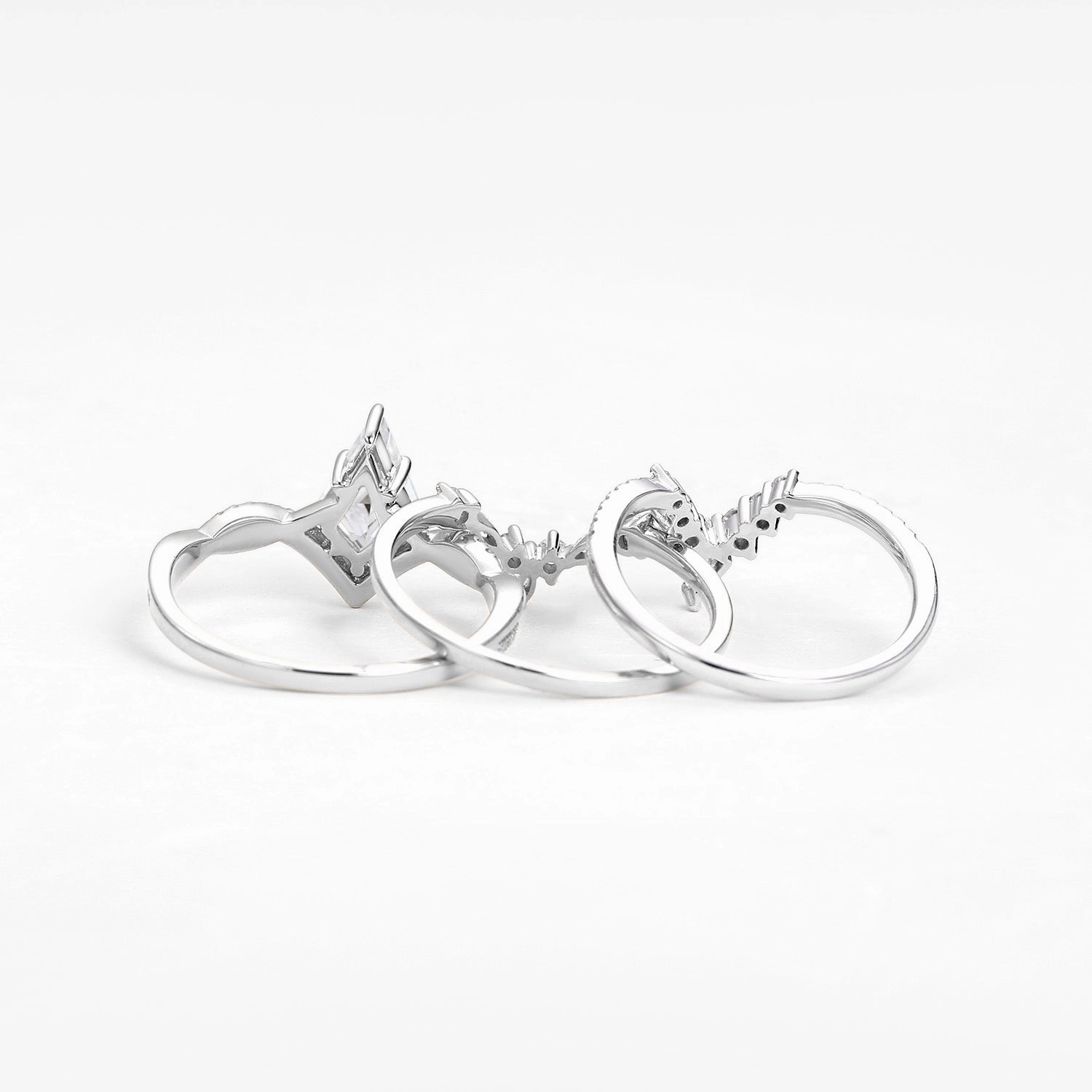 Sleek Detail Kite Cut White Gold Moissanite Luxurious Engagement Bridal Set 3pcs