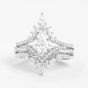 Kite Cut White Gold Moissanite Luxurious Engagement Bridal Set 3pcs Minimalist Charm