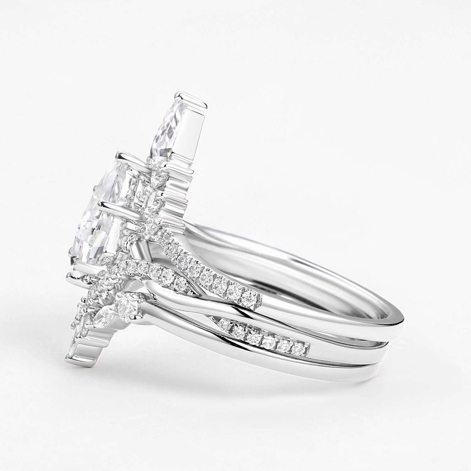 Everyday Shine Statement Form Kite Cut White Gold Moissanite Luxurious Engagement Bridal Set 3pcs