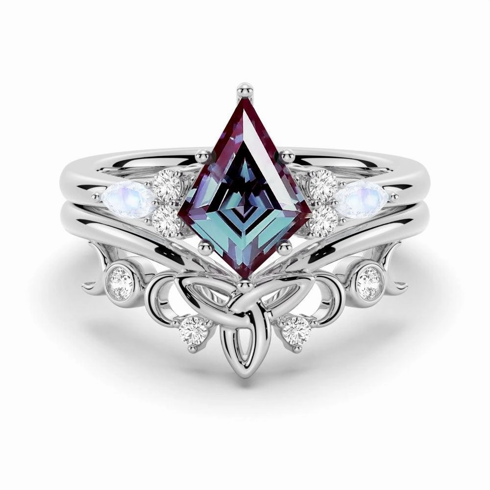 Fashion Shine 2 CT. Art Deco Unique Kite Cut Alexandrite Engagement Ring Set With Moonstone Accents