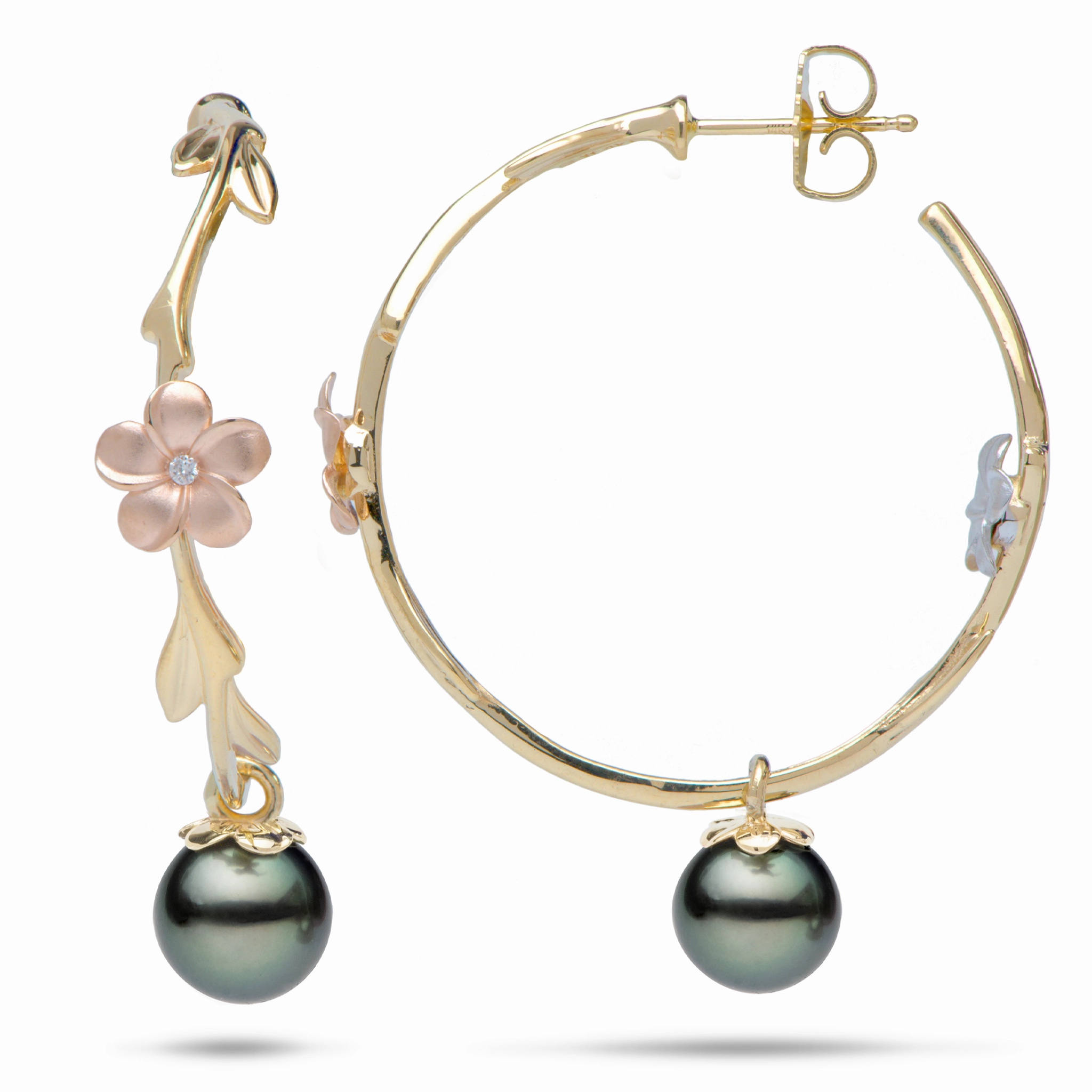 Evening Gift Pearls in Bloom Plumeria Tahitian Black Pearl Earrings in Tri Color Gold with Diamonds - 33mm