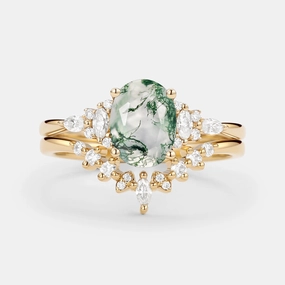 Wedding Ready Oval Cut Moss Agate Classic Cluster Gold Ring Set 2pcs - Freya
