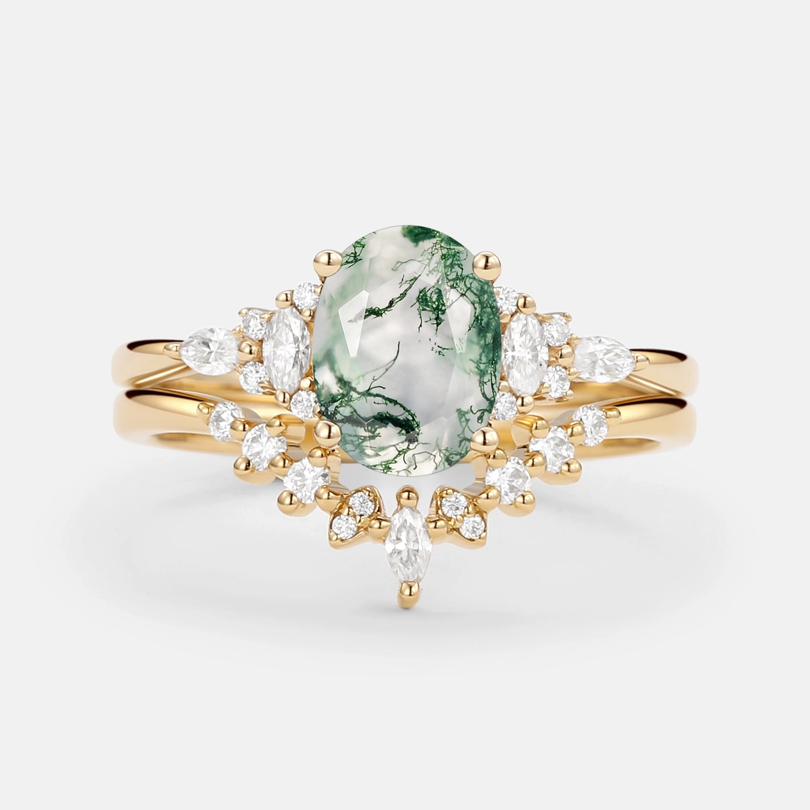 Exquisite Shine Finish Luxe style Oval Cut Moss Agate Classic Cluster Gold Ring Set 2pcs - Freya