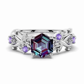 2 CT Vintage Hexagon Cut Alexandrite Engagement Ring With Amethyst Classic Jewelry Luminous Accent