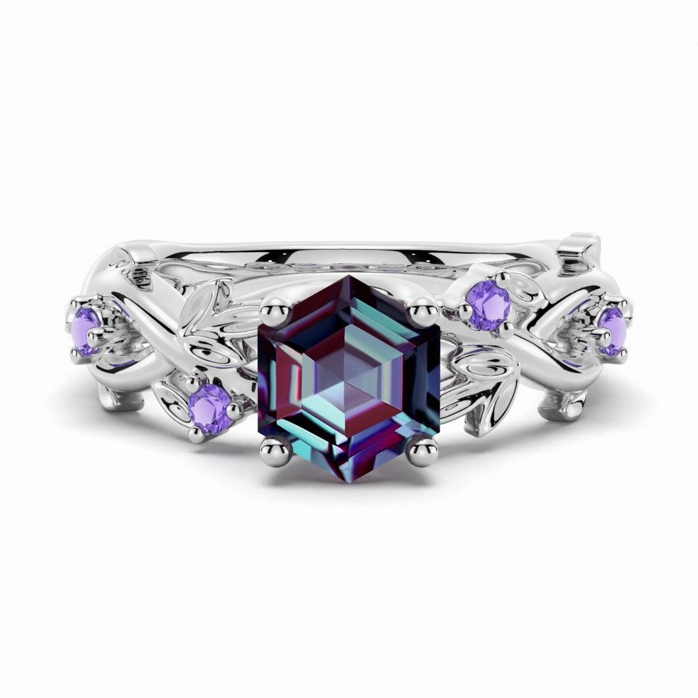 2 CT Vintage Hexagon Cut Alexandrite Engagement Ring With Amethyst Glamourous Piece