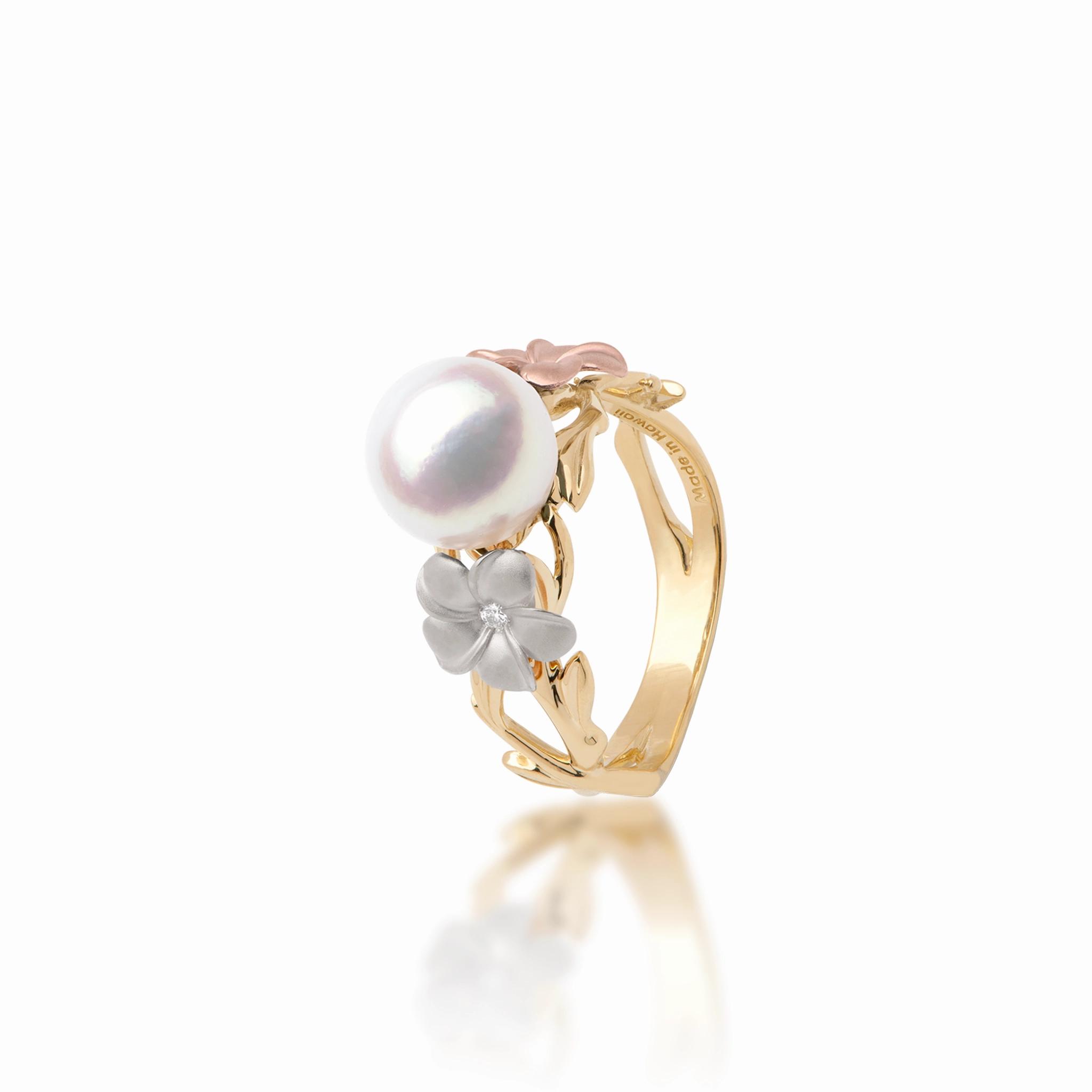 Pearls in Bloom Plumeria Akoya White Pearl Ring in Tri Color Gold with Diamonds - 8mm Seasonal Match Vibrant Edge
