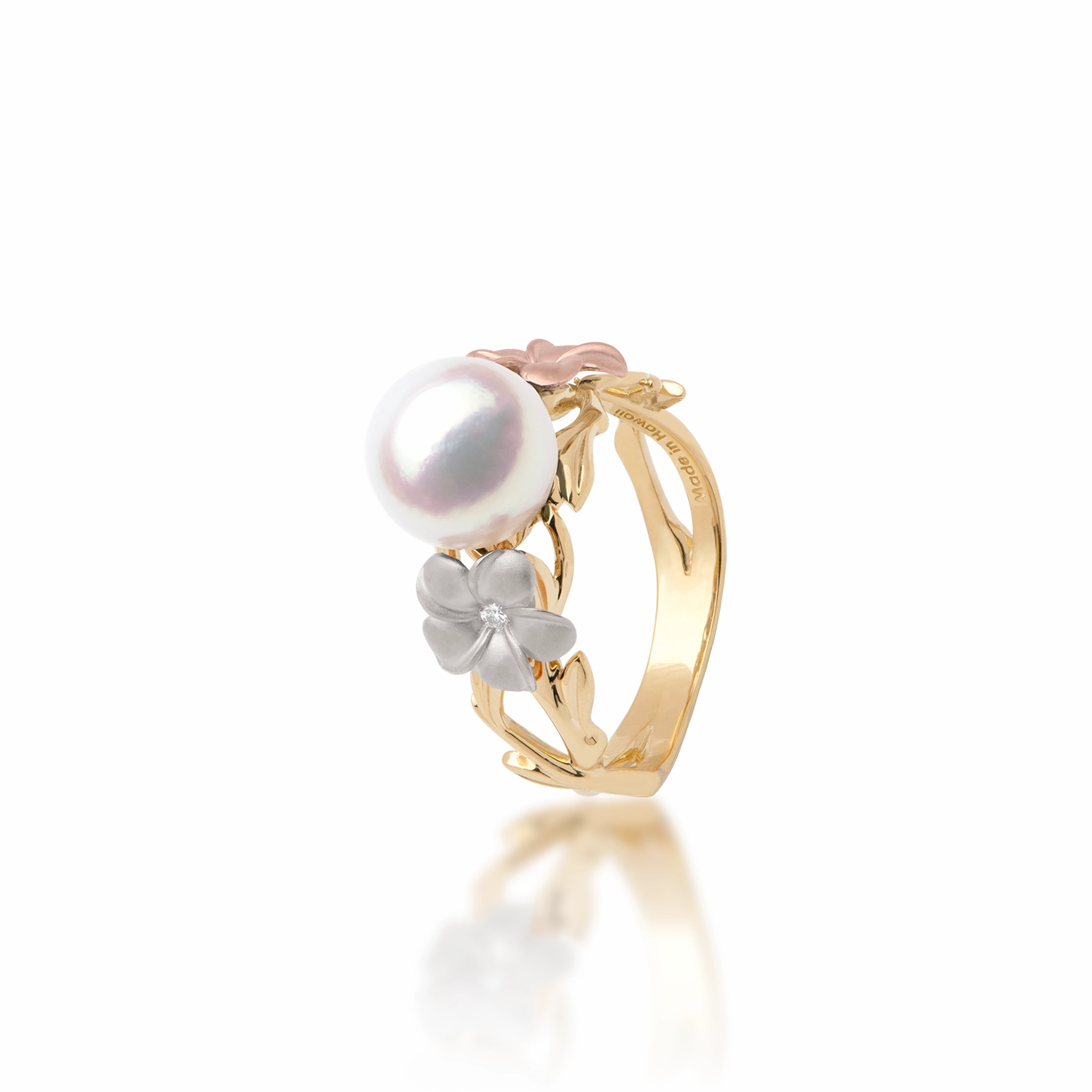 Pearls in Bloom Plumeria Akoya White Pearl Ring in Tri Color Gold with Diamonds - 8mm Elegant Contour Premium Style