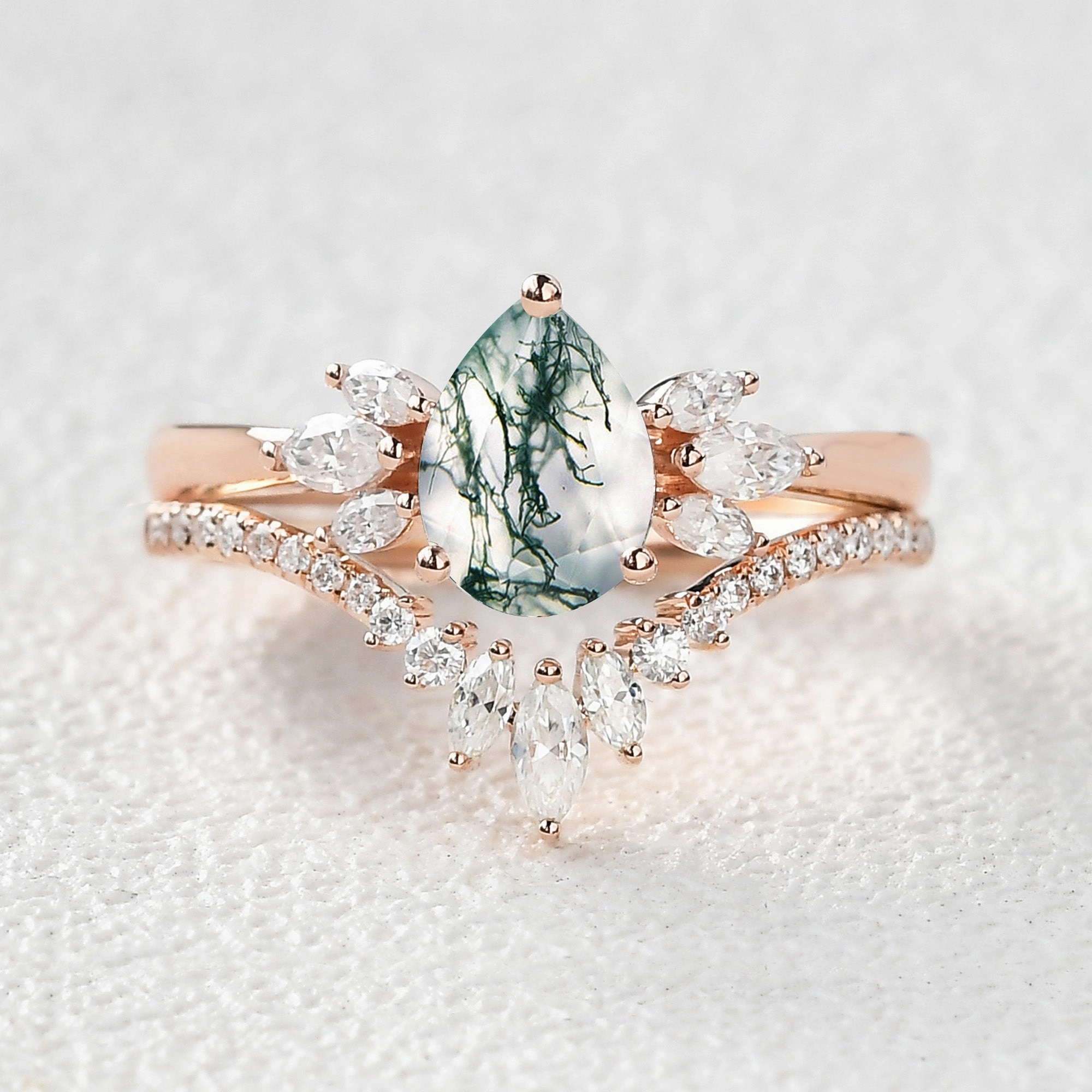 Fairy Ring - 1.5ct Pear Shaped Moss Agate Butterfly Cluster Ring Set 2pcs Handcrafted Finish Instant Match