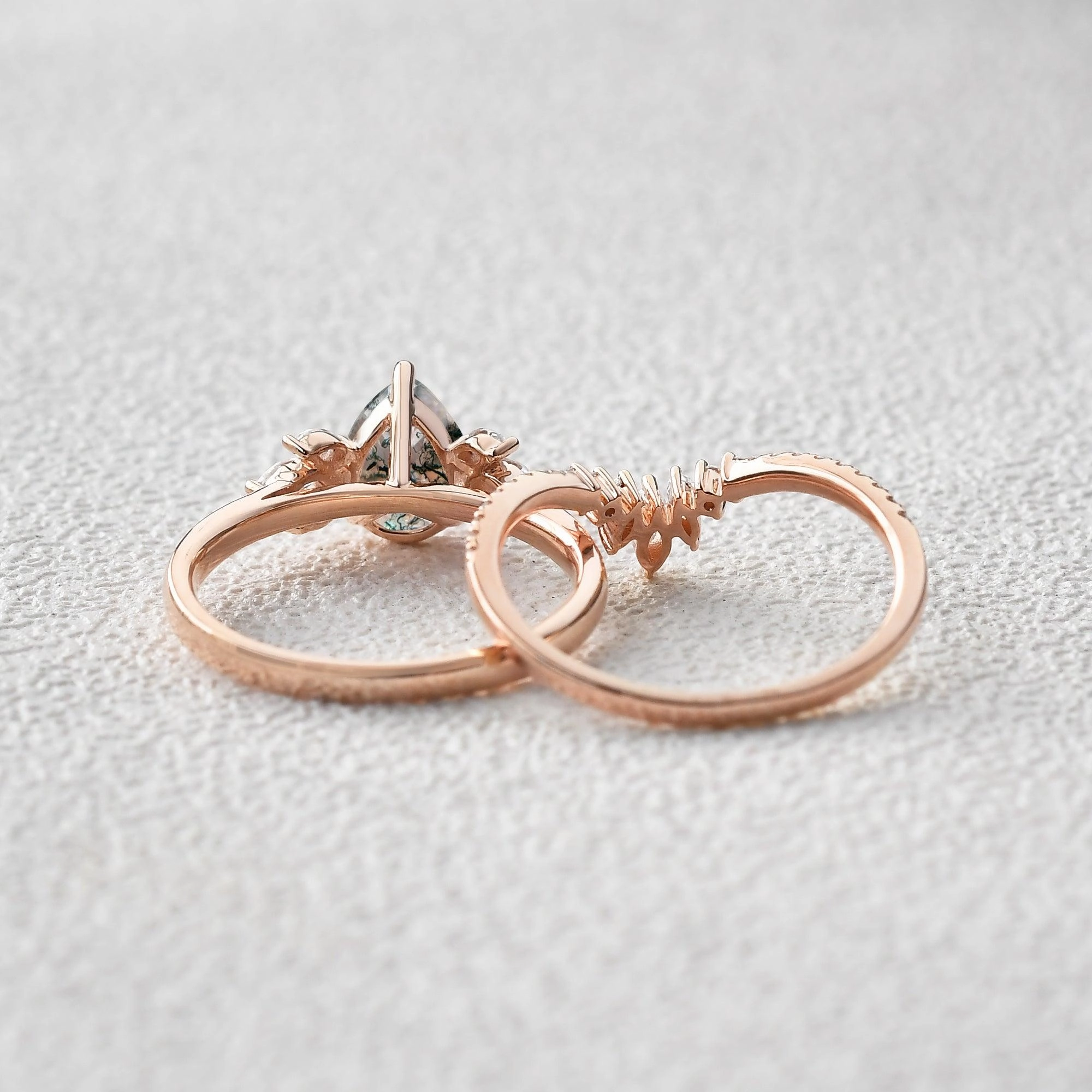 Finishing Accent Fairy Ring - 1.5ct Pear Shaped Moss Agate Butterfly Cluster Ring Set 2pcs