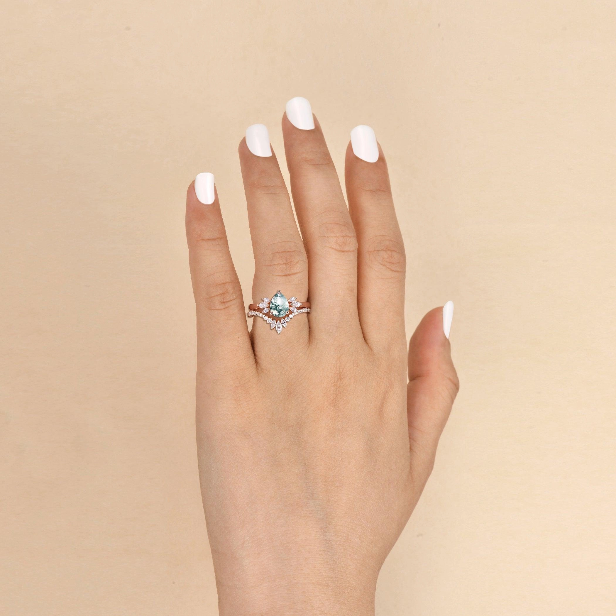 Fairy Ring - 1.5ct Pear Shaped Moss Agate Butterfly Cluster Ring Set 2pcs Smooth Shine