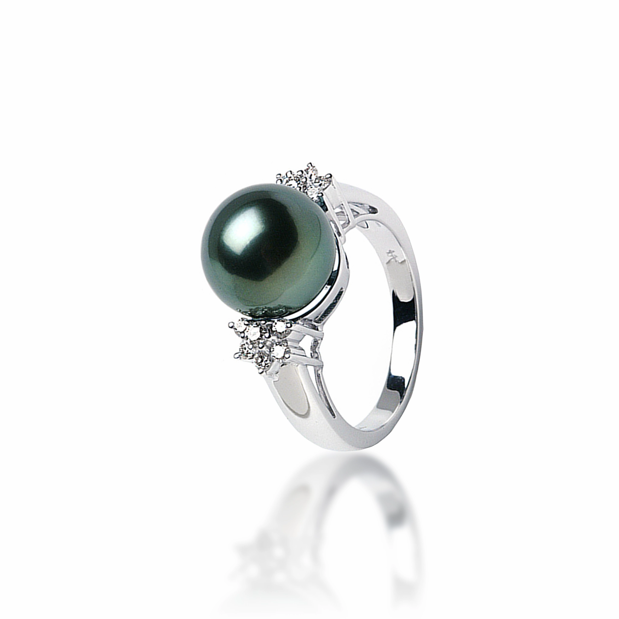 Bridal Accent Tahitian Black Pearl Ring in White Gold with Diamonds - 11-12mm