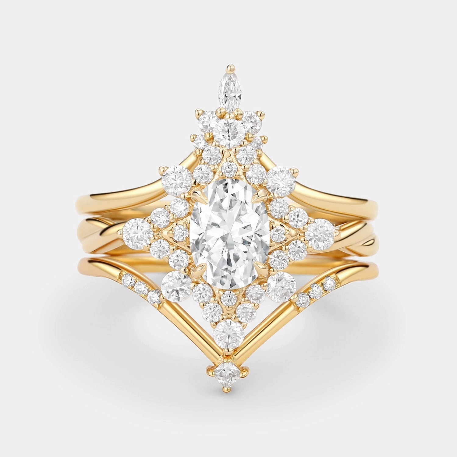 Luxury Pieces Unique Oval Cut Moissanite Chevron Engagement Ring Set 3pcs