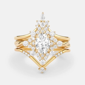 Unique Oval Cut Moissanite Chevron Engagement Ring Set 3pcs Minimal Accent Shine Piece