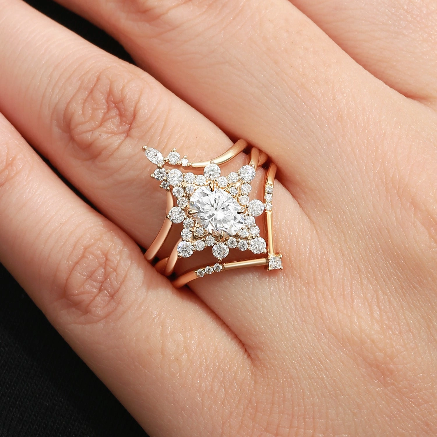 Unique Oval Cut Moissanite Chevron Engagement Ring Set 3pcs Simple Luxe