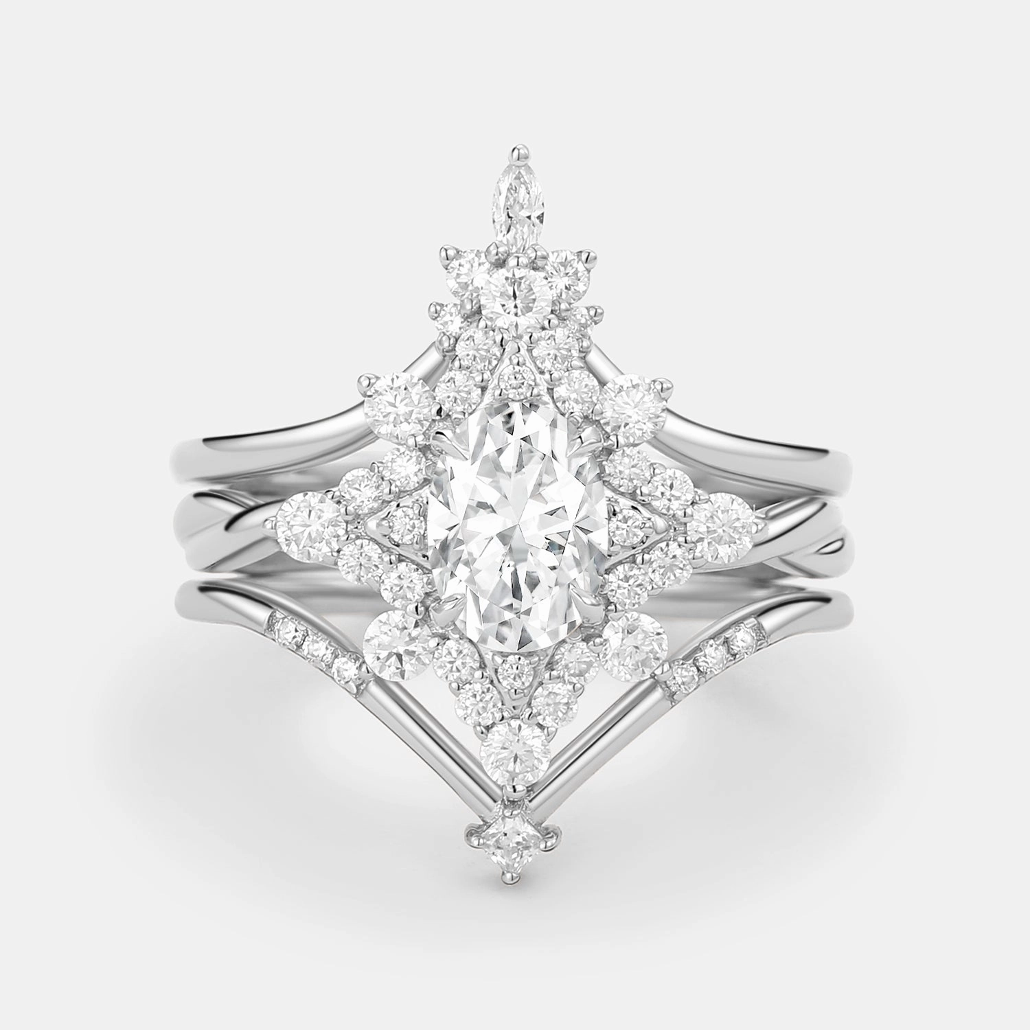 Timeless Contour Glow Up Unique Oval Cut Moissanite Chevron Engagement Ring Set 3pcs