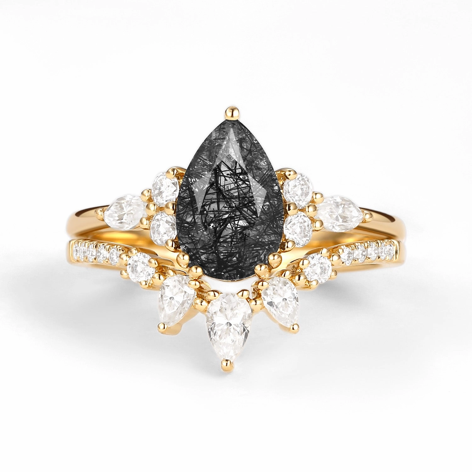 1.5ct Pear Shaped Black Rutilated Quartz Gold Ring Set 2pcs - Sage Timeless Line Day To Day