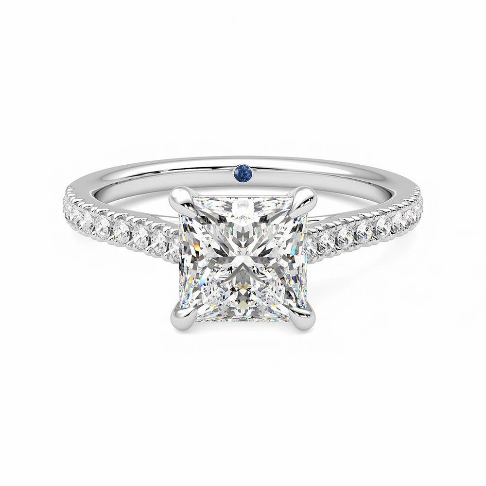 Princess Cut Moissanite Engagement Ring with Hidden Anniversary Stone and Pav?? Accents Dazzling Detail Glamorous Edge