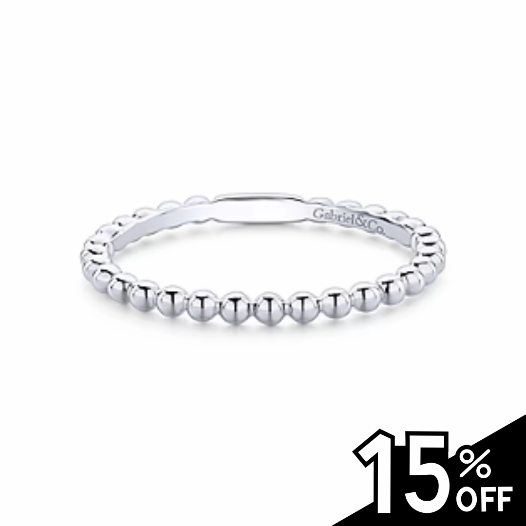 14K White Gold Bujukan Beaded Stackable Ring Glossy Touch
