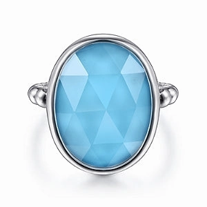 925 Sterling Silver Rock Crystal and Turquoise Oval Signet Ring Elegant Contour Elegant Fashion