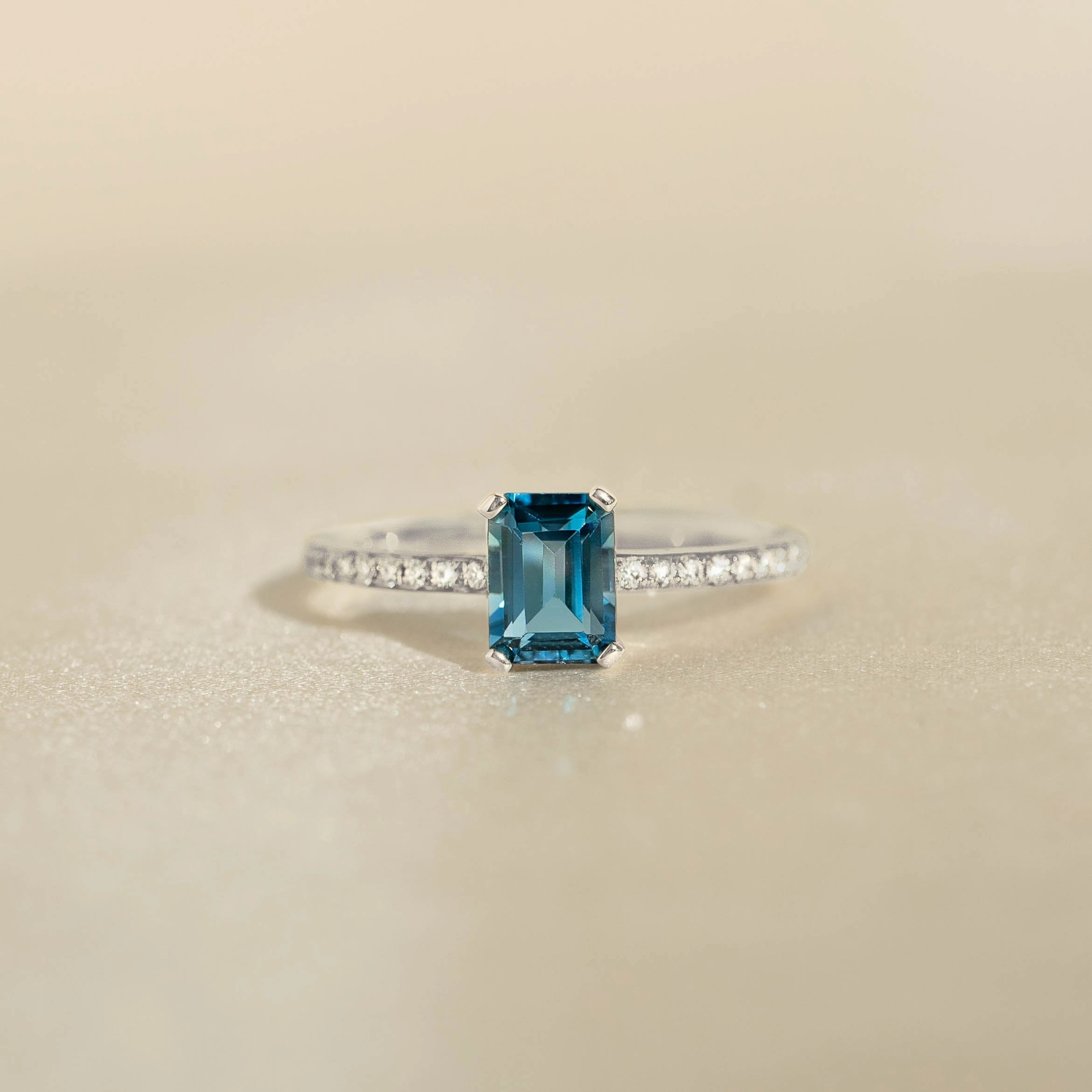 Baguette London Blue Topaz and Diamond Ring White Gold - Safiya Radiant Jewelry Shine