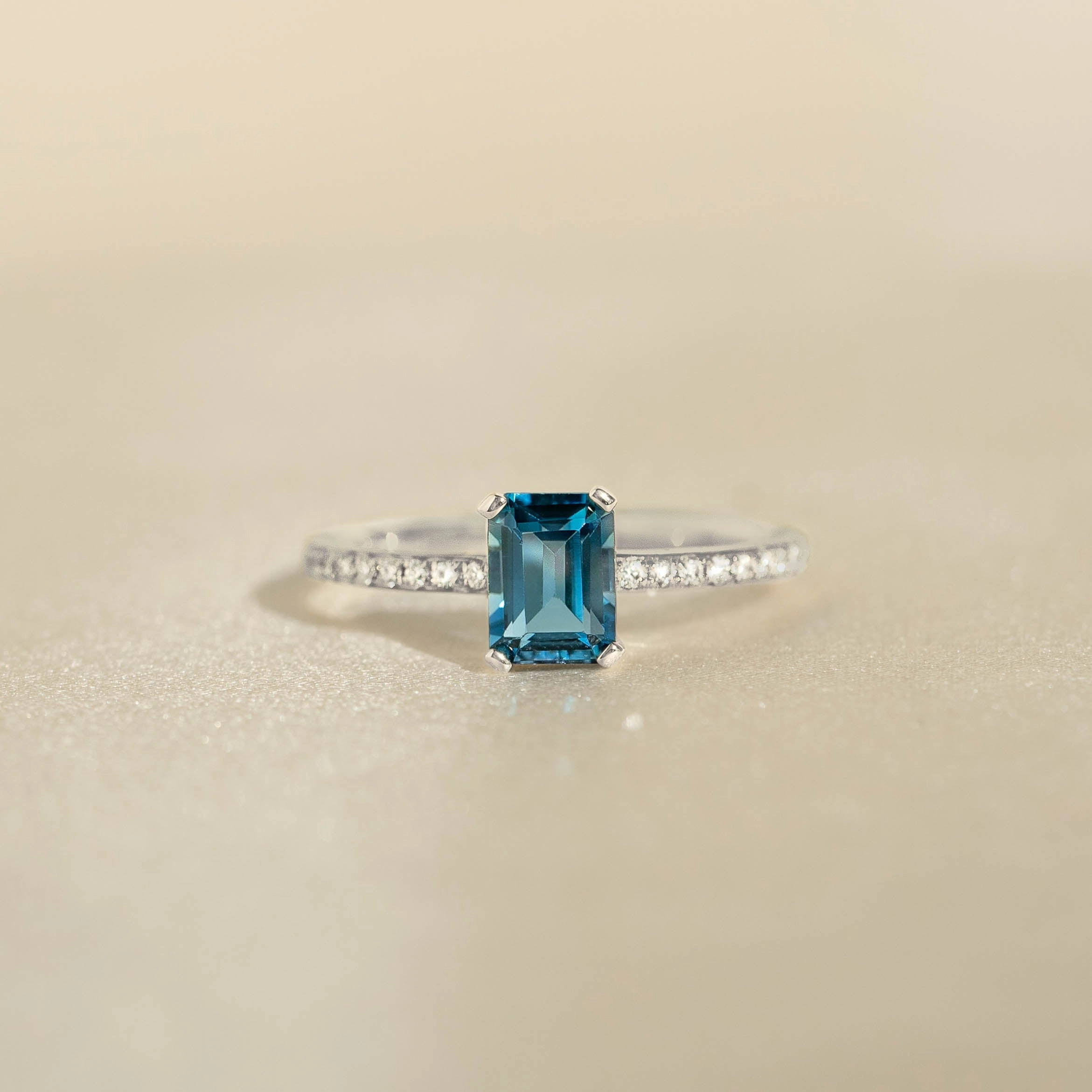Baguette London Blue Topaz and Diamond Ring White Gold - Safiya Refined Shine