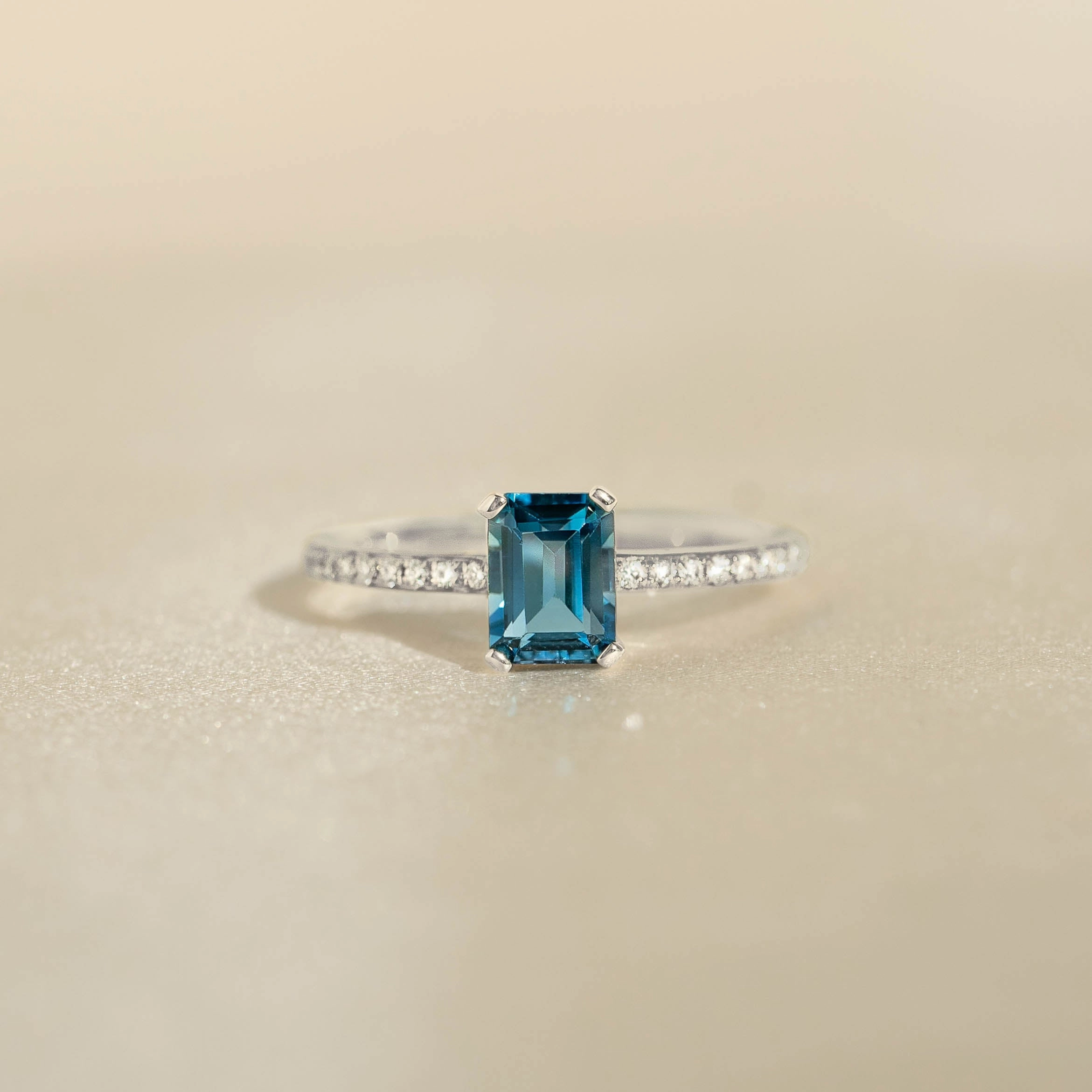 Baguette London Blue Topaz and Diamond Ring White Gold - Safiya Romantic Design Edgy Light