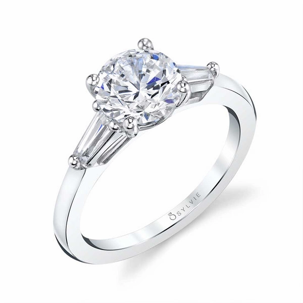 Dazzling Radiance Nicolette Round Three Stone Engagement Ring with Baguettes