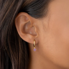 February Birthstone Drop Huggie Earrings - Amethyst Playful Spark