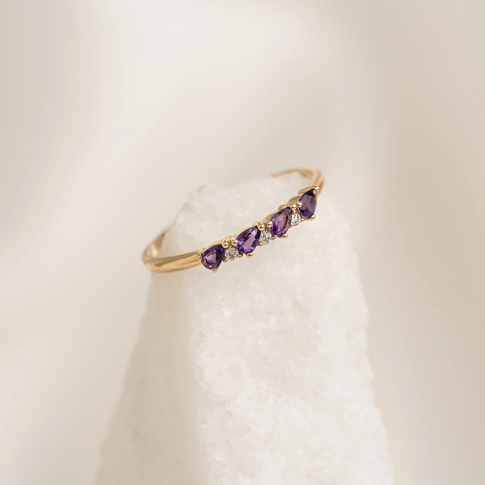 February Birthstone Pear Ring 14k Gold - Amethyst and Diamond Modern Twist
