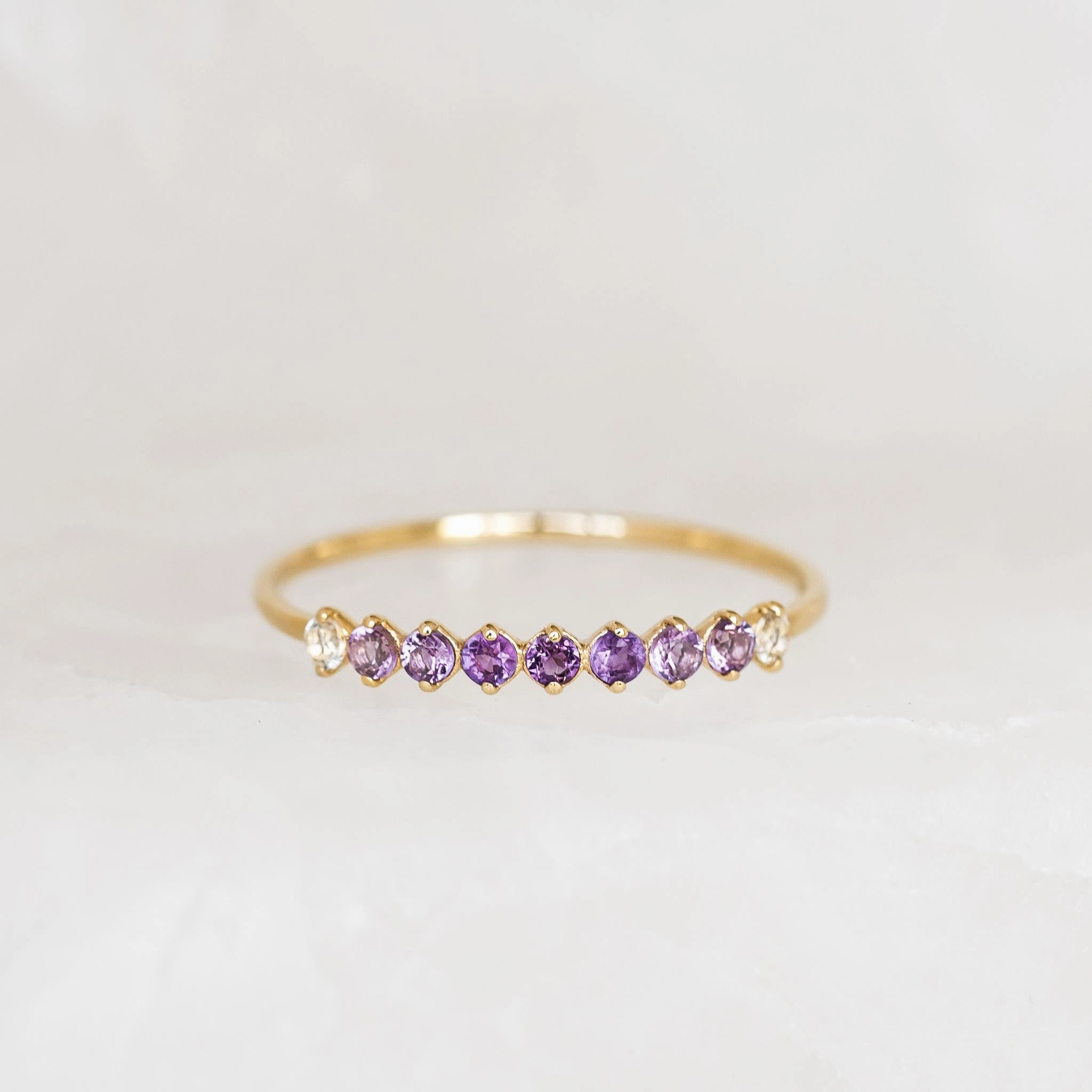 February Birthstone Ring 14k Gold - Ombre Amethyst Minimal Charm