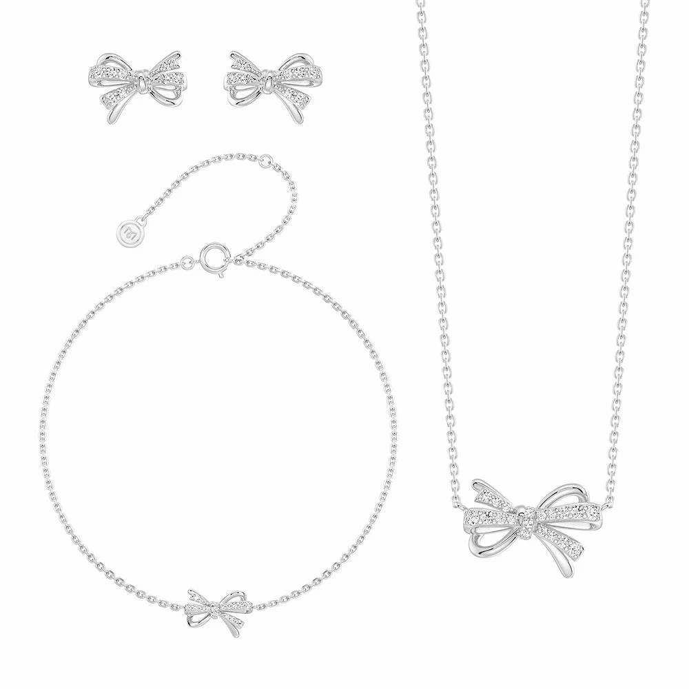 Filigree Bow Moissanite and Diamond Jewelry Set Necklace Bracelet and Earrings Golden Touch