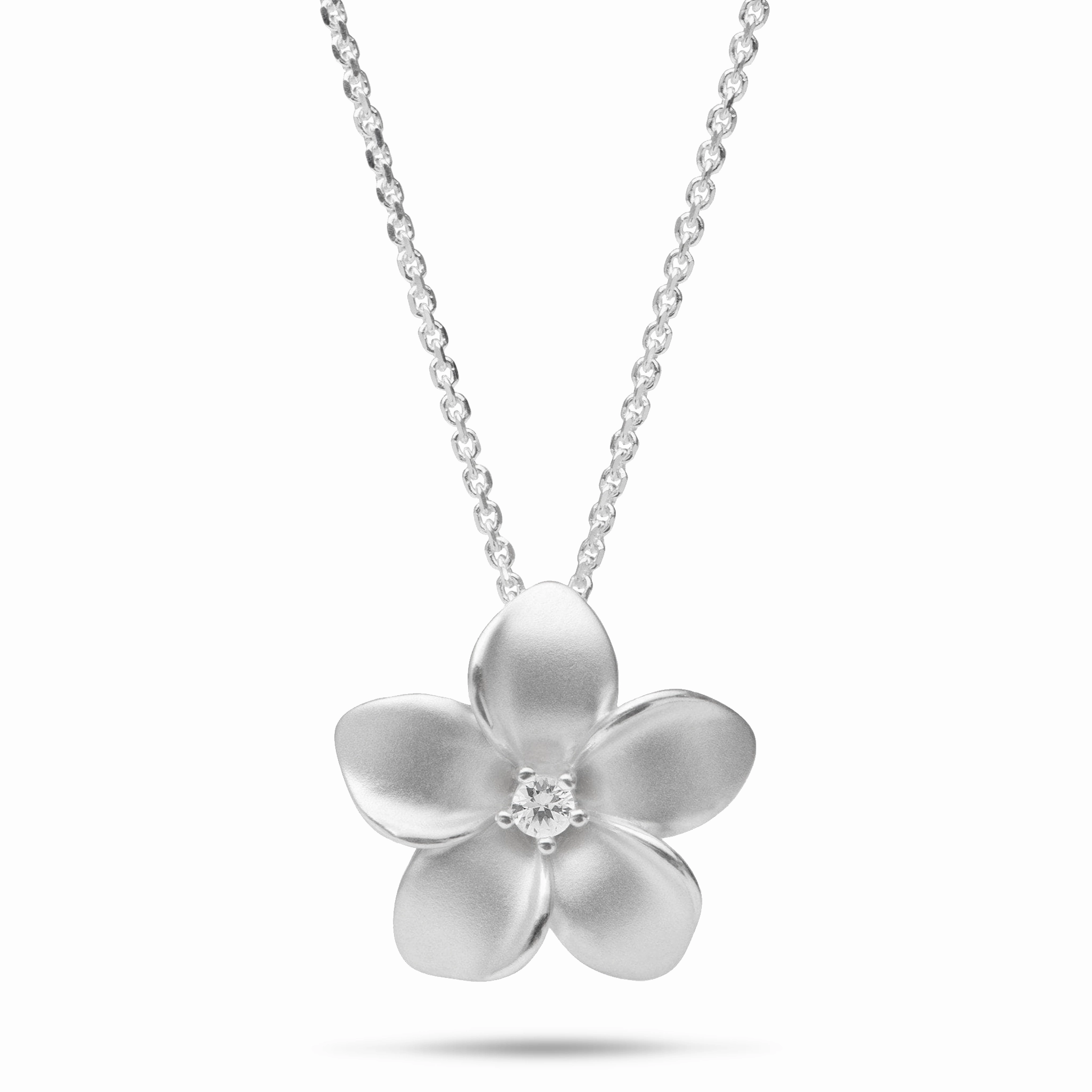 24" Adjustable Plumeria White Sapphire Necklace in Sterling Silver - 20mm Distinct Detail Understated Feature