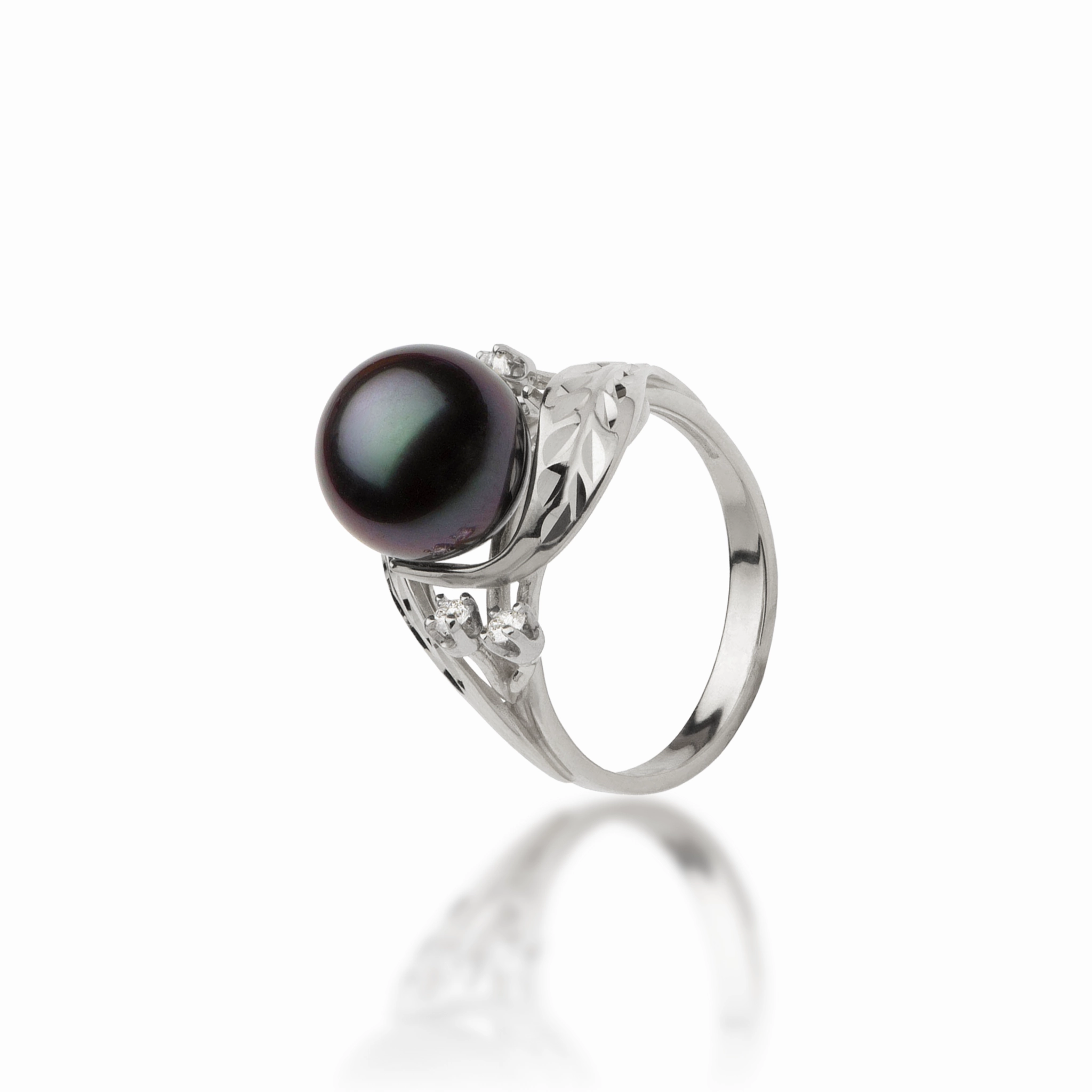 Maile Tahitian Black Pearl Ring in White Gold with Diamonds - 9-10mm Dazzling Highlight Sparkle Mood